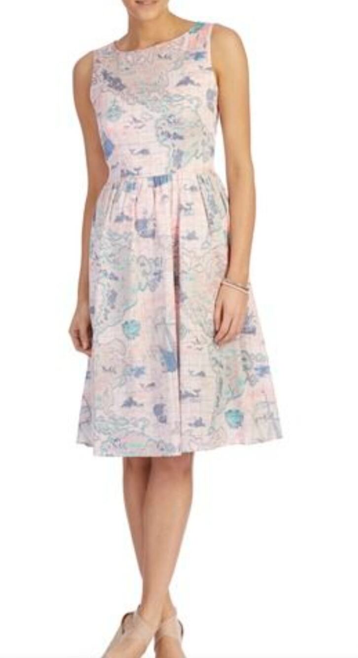 Laura Ashley map print fit and flare dress Sz 12 Nautical Novelty Coastal Retro